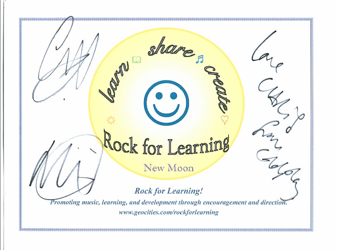Rock for Learning endorsement from COLDPLAY.  Image copyright 2003 - Melanie Silos.  Please e-mail Rock for Learning to make a purchase offer for the original of this COLDPLAY autographed logo page.
